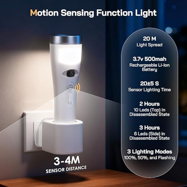 Picture of Plug in Motion Sensor Night Light 4 in 1 Automatic Power Failure Light Emergency Light Portable LED Torch Wireless Induction Charging Plug in Night Light for Hallway Stairs Bedroom  4 Pack [Energy Class A]