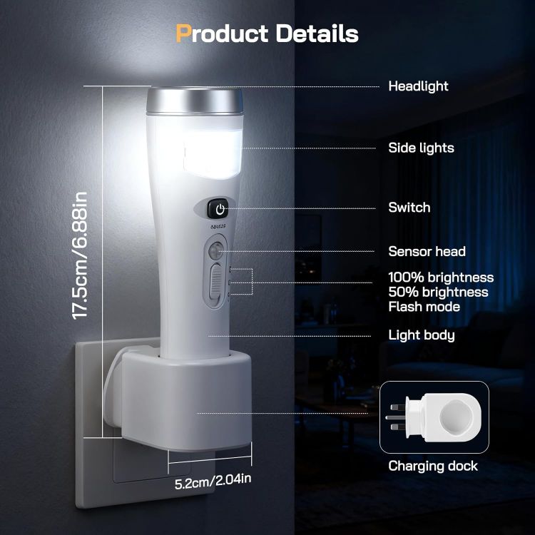 Picture of Plug in Motion Sensor Night Light, 4 in 1 Automatic Power Failure Light, Emergency Light, Portable LED Torch, Wireless Induction Charging Plug in Night Light for Hallway Stairs Bedroom, 2 Pack [Energy Class A]