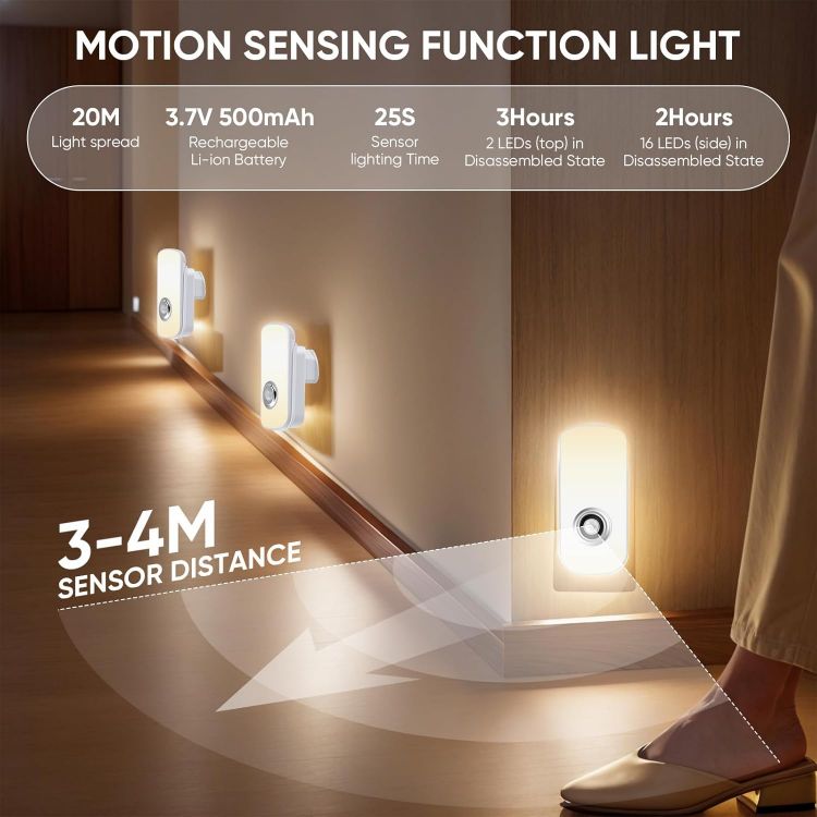 Picture of 2 Pack Night Light Plug in Wall,Motion Sensor Night Light with Warm & White Lgiht,2 in 1 Rechargeable Emergency Light for Hallway Side & Emergency Torch,4m Sensor Distance,20m Light Spread [Energy Class A]
