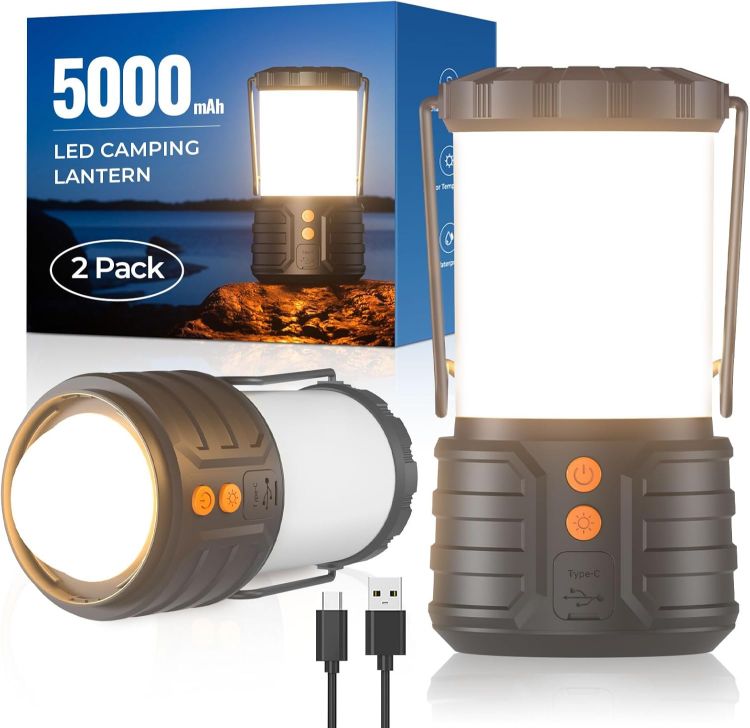 Picture of Camping Lanterns Pack of 2 LED Camping Lanterns  5000mAh Rechargeable Battery Emergency Lights for Power Outages 3 Colors IPX4 Waterproof Portable Flashlight [Energy Class A]