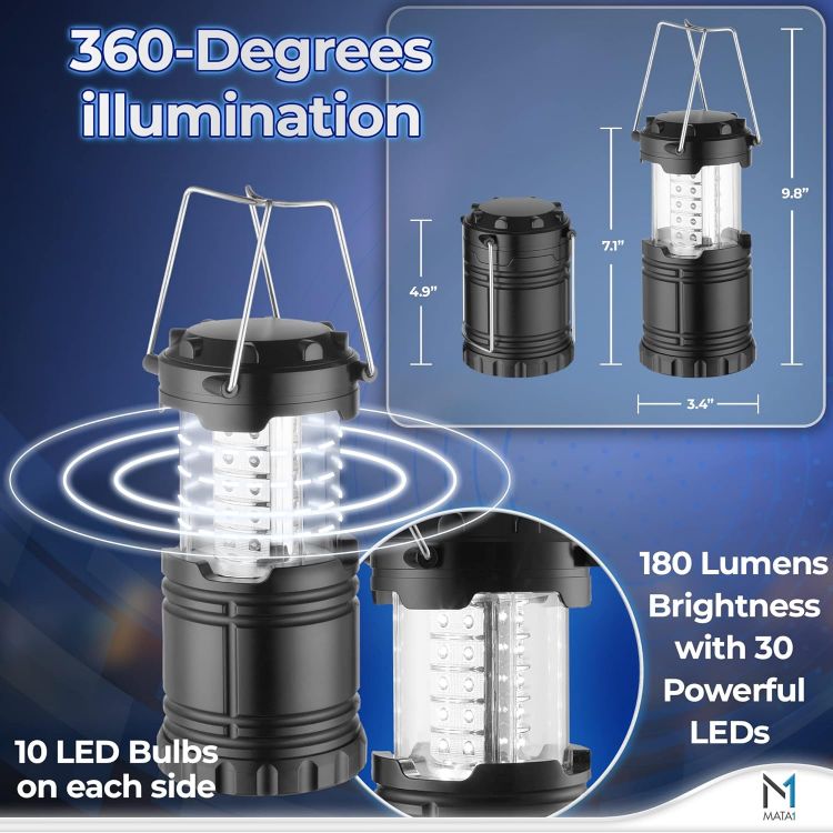 Picture of LED Camping Lanterns (Black, 2 PK) Durable Emergency Lights for Power Outages Long-Lasting Battery-Powered Lights w/ 3 Adjustable Brightness Collapsible Lamps for Indoor & Outdoor Use
