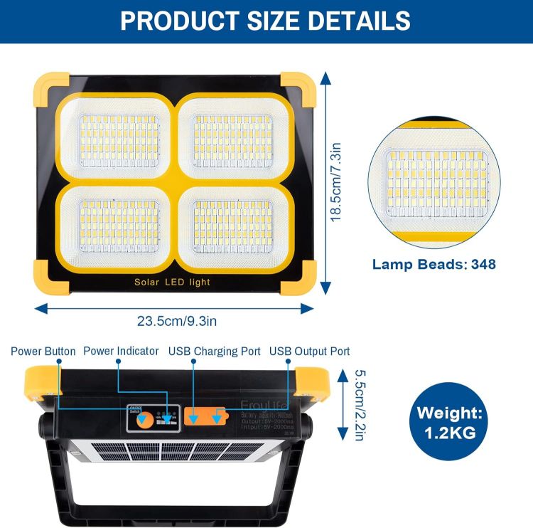 Picture of 100W Rechargeable LED Work Light 348 LEDs Solar USB Floodlight 4 Modes