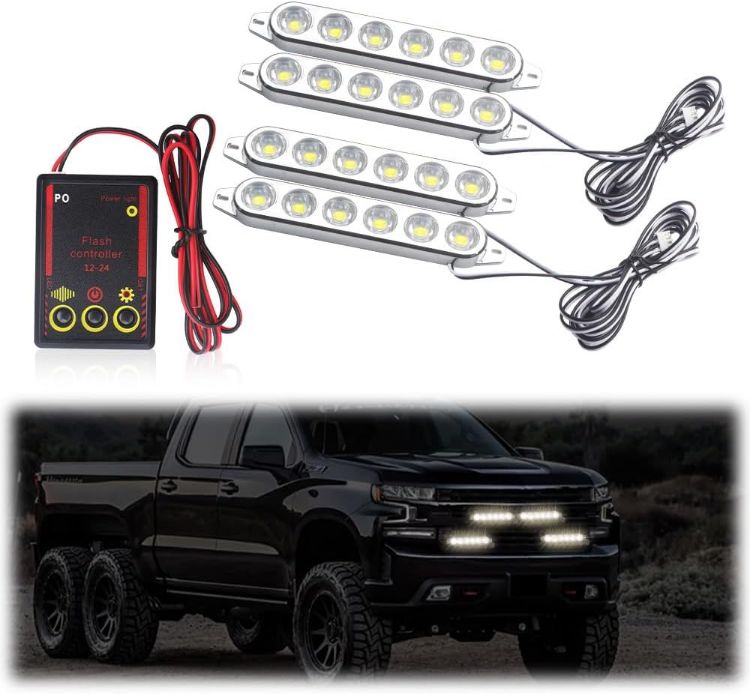 Picture of 4 in 1 Emergency Strobe Grille Lights with Flash Controller 12-24V 4x6-LED High Lighted Warning Hazard Flashing Light for Vehicles 12 Modes Strobe Lights Kit for Trucks Car ATV RV Van