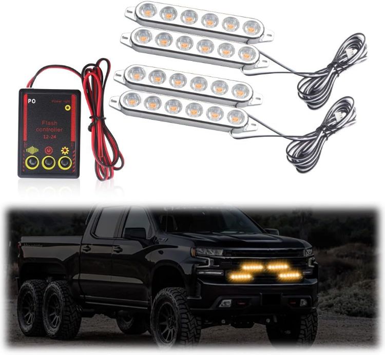 Picture of 4 in 1 Emergency Strobe Grille Lights with Flash Controller 12-24V 4x6-LED High Lighted Warning Hazard Flashing Light for Vehicles 12 Modes Strobe Lights Kit for Trucks Car ATV RV Van