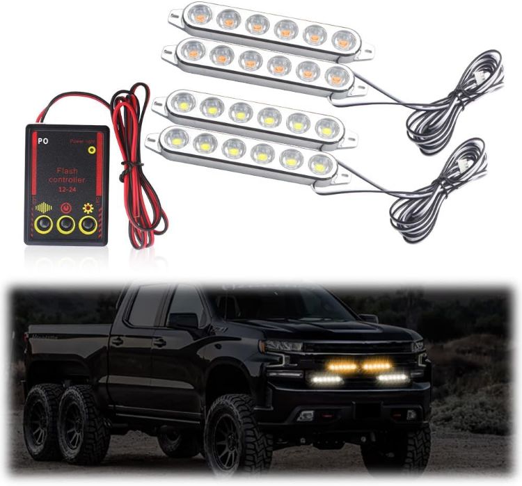 Picture of 4 in 1 Emergency Strobe Grille Lights with Flash Controller 12-24V 4x6-LED High Lighted Warning Hazard Flashing Light for Vehicles 12 Modes Strobe Lights Kit for Trucks Car ATV RV Van