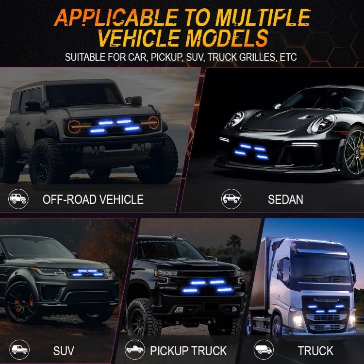 Picture of 4 in 1 Emergency Strobe Grille Lights with Flash Controller 12-24V 4x6-LED High Lighted Warning Hazard Flashing Light for Vehicles 12 Modes Strobe Lights Kit for Trucks Car ATV RV Van