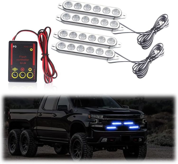 Picture of 4 in 1 Emergency Strobe Grille Lights with Flash Controller 12-24V 4x6-LED High Lighted Warning Hazard Flashing Light for Vehicles 12 Modes Strobe Lights Kit for Trucks Car ATV RV Van