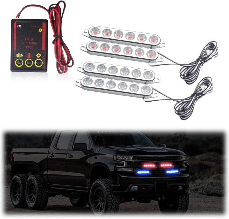 Picture of 4 in 1 Emergency Strobe Grille Lights with Flash Controller 12-24V 4x6-LED High Lighted Warning Hazard Flashing Light for Vehicles 12 Modes Strobe Lights Kit for Trucks Car ATV RV Van