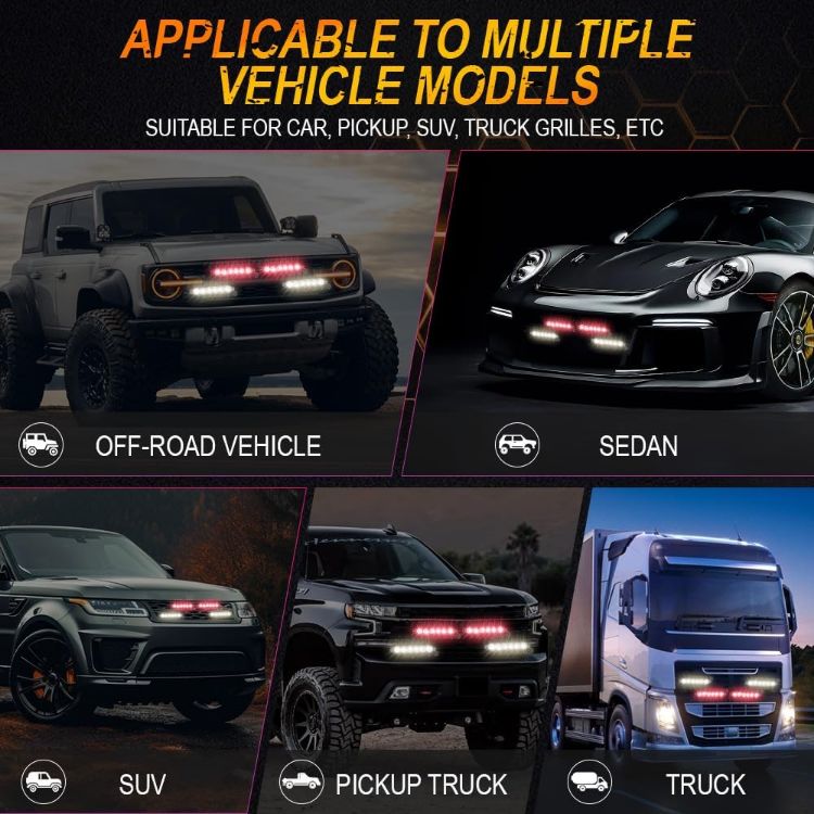 Picture of 4 in 1 Emergency Strobe Grille Lights with Flash Controller 12-24V 4x6-LED High Lighted Warning Hazard Flashing Light for Vehicles 12 Modes Strobe Lights Kit for Trucks Car ATV RV Van