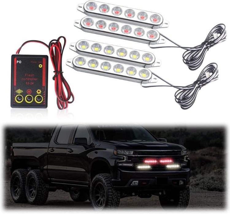 Picture of 4 in 1 Emergency Strobe Grille Lights with Flash Controller 12-24V 4x6-LED High Lighted Warning Hazard Flashing Light for Vehicles 12 Modes Strobe Lights Kit for Trucks Car ATV RV Van