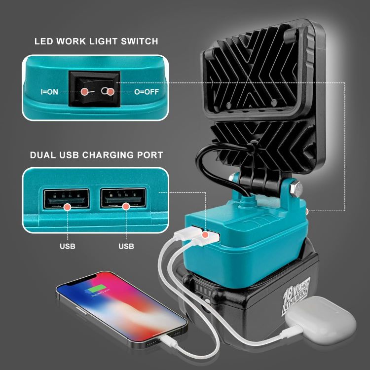 Picture of Portable Cordless LED Work Light for Makita 18V Battery  48W Garage Lights  Camping Lights with Dual USB Charging Port Job Site Spotlights (No Battery) [Energy Class G]