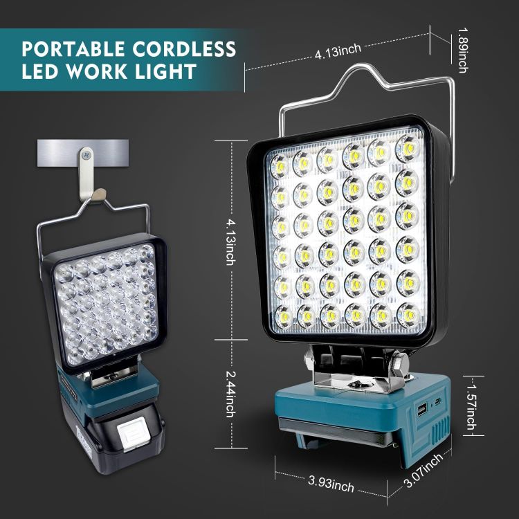 Picture of Portable Cordless LED Work Light Lamp for Makita 14.4V-18V LXT Battery with USB & Type C PD18W Dual Fast Charging Port  Garage Lights  Camping Lights  Job Site Spotlights(No Battery) [Energy Class G]