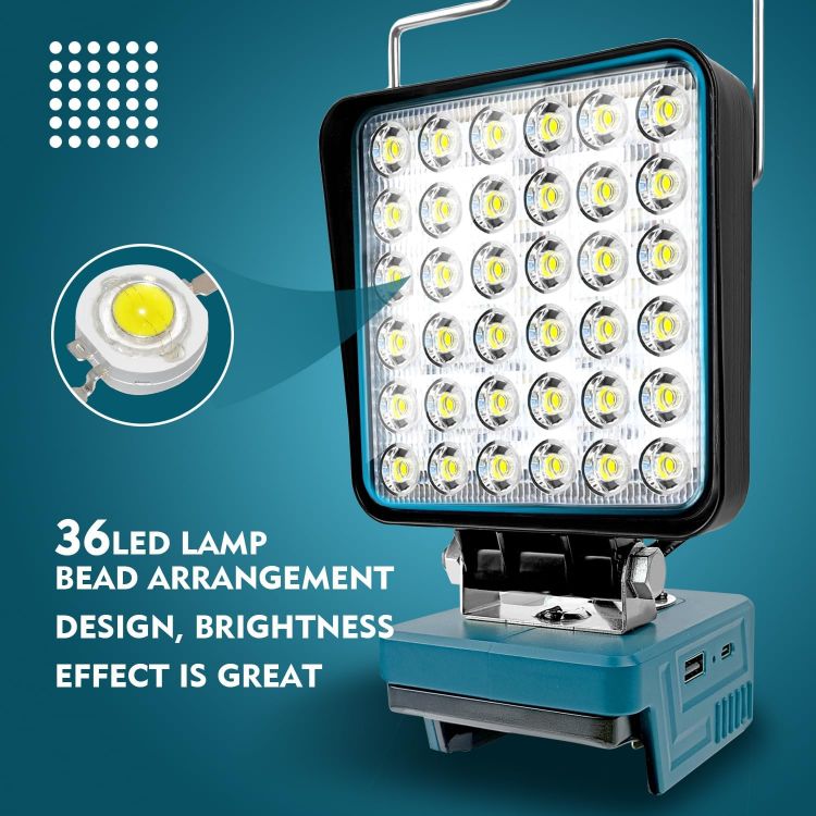 Picture of Portable Cordless LED Work Light Lamp for Makita 14.4V-18V LXT Battery with USB & Type C PD18W Dual Fast Charging Port  Garage Lights  Camping Lights  Job Site Spotlights(No Battery) [Energy Class G]
