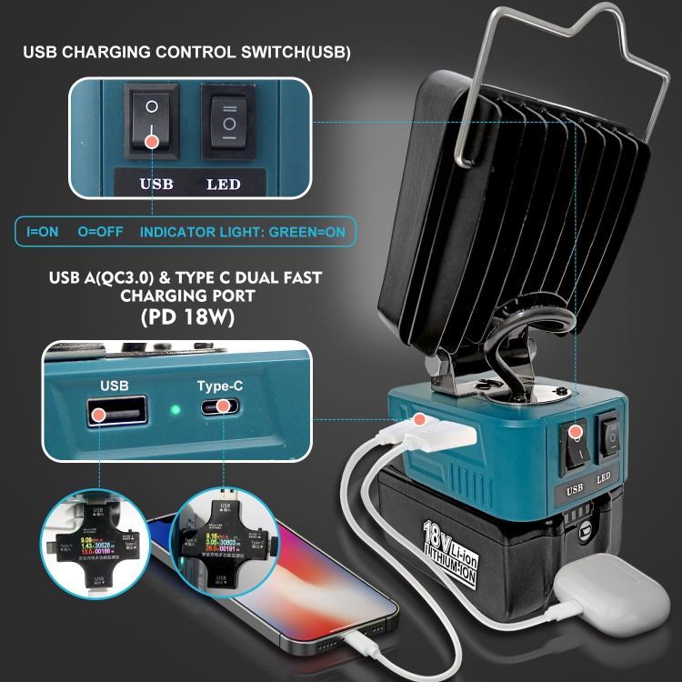 Picture of Portable Cordless LED Work Light Lamp for Makita 14.4V-18V LXT Battery with USB & Type C PD18W Dual Fast Charging Port  Garage Lights  Camping Lights  Job Site Spotlights(No Battery) [Energy Class G]
