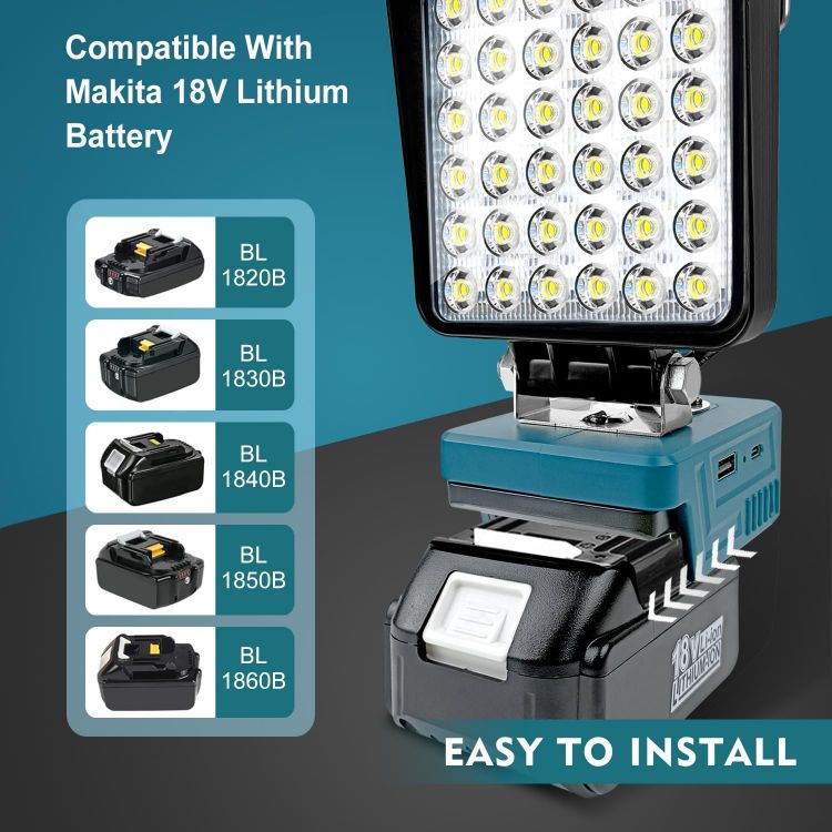 Picture of Portable Cordless LED Work Light Lamp for Makita 14.4V-18V LXT Battery with USB & Type C PD18W Dual Fast Charging Port  Garage Lights  Camping Lights  Job Site Spotlights(No Battery) [Energy Class G]