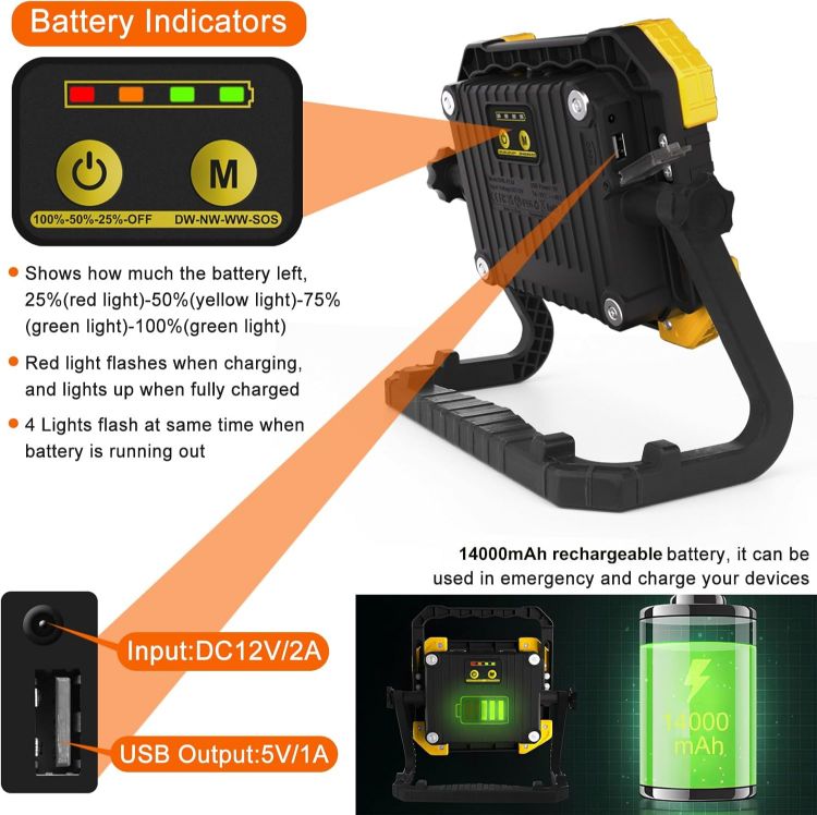 Picture of LED Work Light Rechargeable 14000mAh Battery Super Bright Dimmable 3 Colors Warm & Cold White SOS 360° Rotable IP66 Waterproof for Construction Emergency Camping Repairing Power Cut