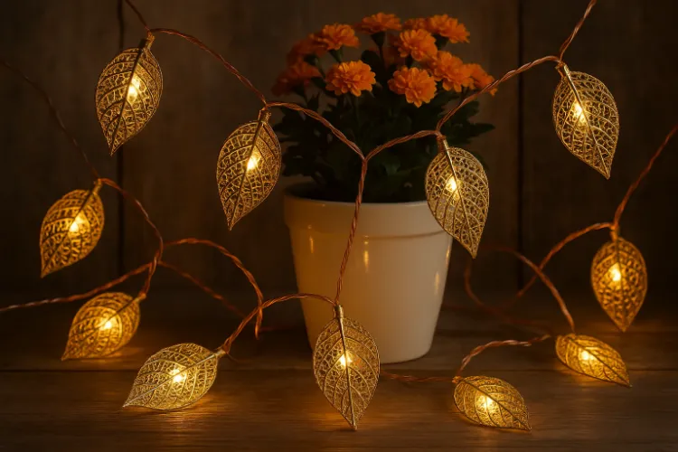 Picture of 3M 20 LED Geometric Metal Fairy String Lights Rose Gold Leaf Design USB Powered Indoor Home Bedroom Party Wedding Decoration Lighting