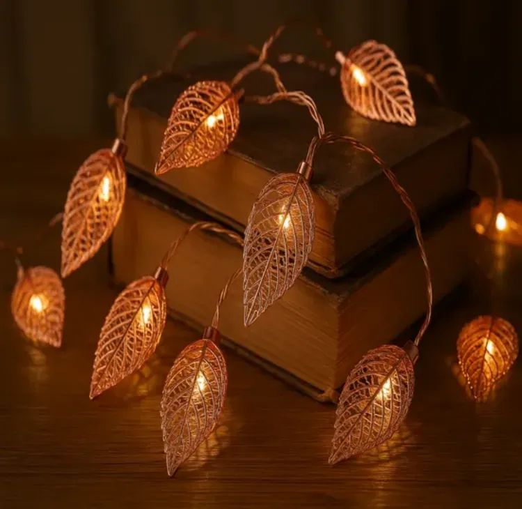 Picture of 3M 20 LED Geometric Metal Fairy String Lights Rose Gold Leaf Design USB Powered Indoor Home Bedroom Party Wedding Decoration Lighting