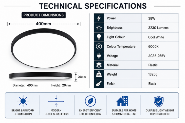 Picture of 38W Black Round LED Panel Light SQ 6000K Cool White 400mm
