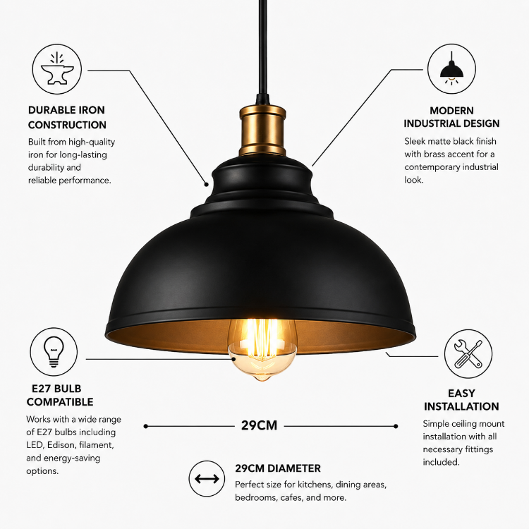 Picture of Black Iron Pendant Light 29cm – E27 Industrial Ceiling Lamp Fixture
