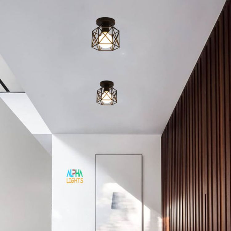 Picture of Vintage Black Semi-Flush Mount Hallway Ceiling Light E27 Iron Lamp