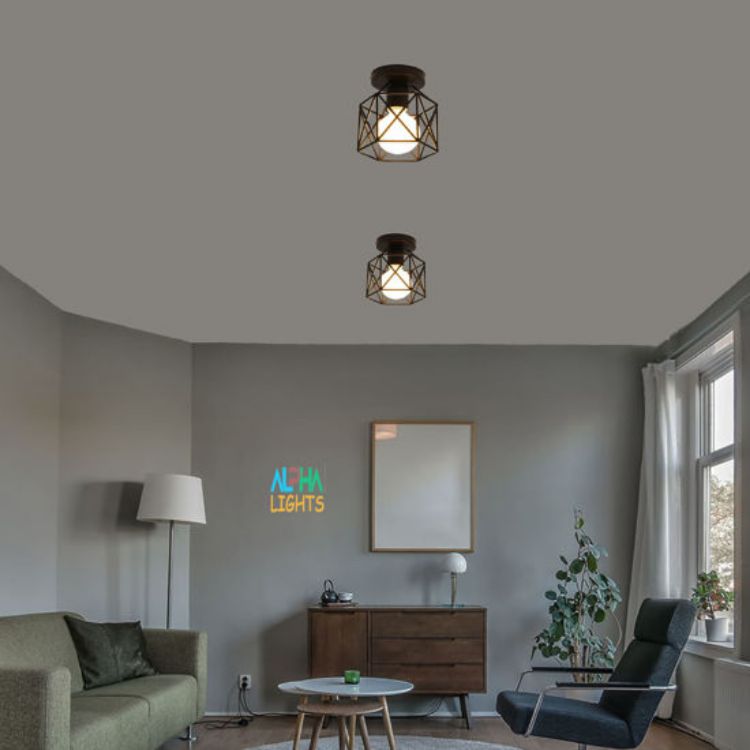Picture of Vintage Black Semi-Flush Mount Hallway Ceiling Light E27 Iron Lamp