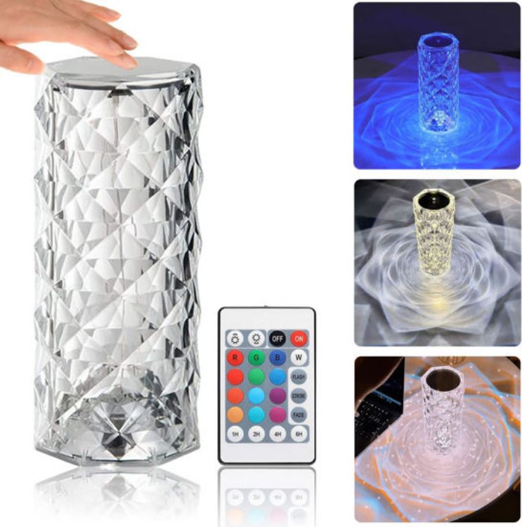 Picture of Crystal Diamond Rose Table Lamp, RGB LED Night Light with Touch and Remote Control, Bedside Lamps Nightstand Lamps, Dimmable, USB Rechargeable, Romantic Lighting Decoration for Bedroom, Office, Dating