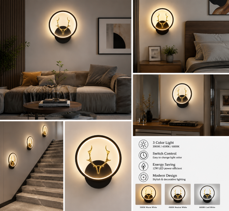 Picture of Modern 12W 3-Color LED Ring Wall Light for Living Room, Bedroom, Hallway and Staircase Decorative Indoor Wall Lamp with Warm White, Neutral White and Cool White Lighting