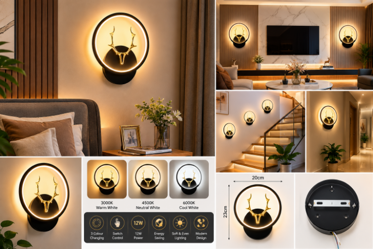 Picture of Modern 12W 3-Color LED Ring Wall Light for Living Room, Bedroom, Hallway and Staircase Decorative Indoor Wall Lamp with Warm White, Neutral White and Cool White Lighting