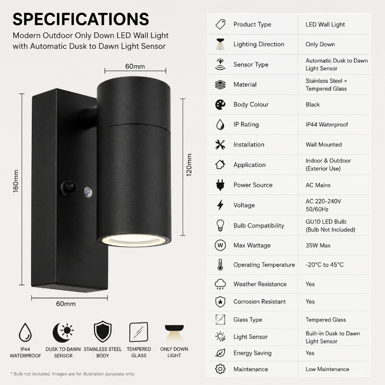 Picture of Outdoor Only Down LED Wall Light with Automatic Dusk to Dawn Light Sensor Stainless Steel and Tempered Glass IP44 Waterproof Exterior Wall Lamp for Garden Porch Patio Balcony Garage Front Door Entrance Corridor