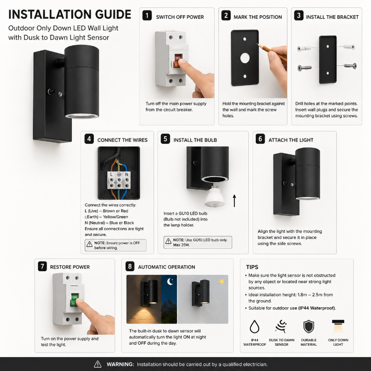 Picture of Outdoor Only Down LED Wall Light with Automatic Dusk to Dawn Light Sensor Stainless Steel and Tempered Glass IP44 Waterproof Exterior Wall Lamp for Garden Porch Patio Balcony Garage Front Door Entrance Corridor