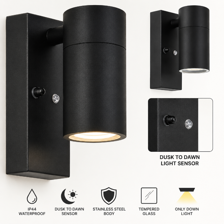 Picture of Outdoor Only Down LED Wall Light with Automatic Dusk to Dawn Light Sensor Stainless Steel and Tempered Glass IP44 Waterproof Exterior Wall Lamp for Garden Porch Patio Balcony Garage Front Door Entrance Corridor