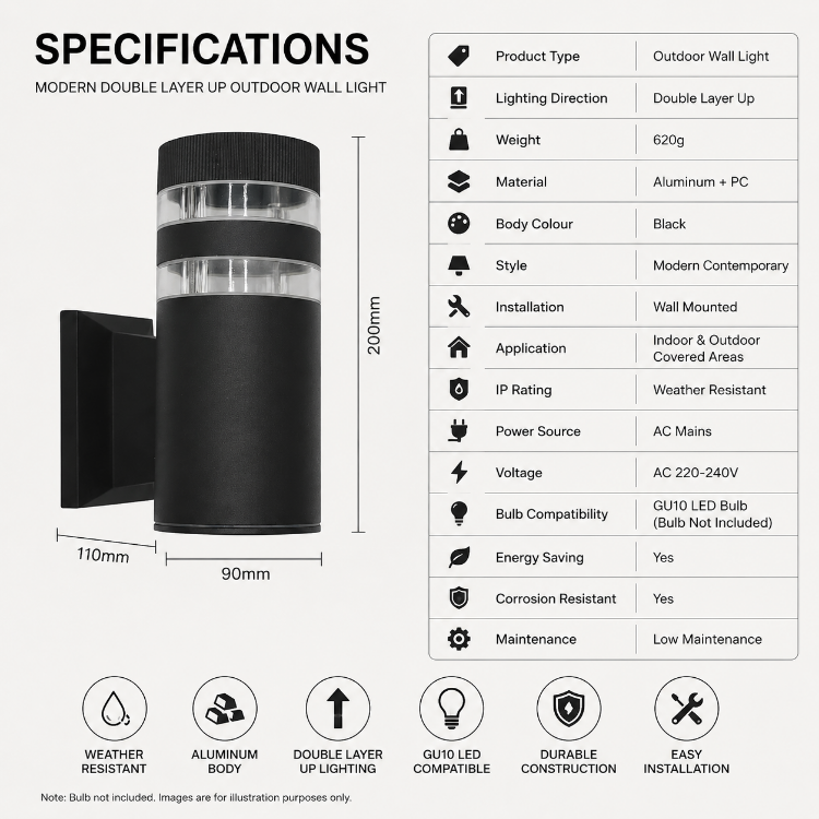 Picture of Modern Double Layer Upward Facing Outdoor Wall Light for Garden, Porch, Patio, Balcony, Garage and  Front Door 