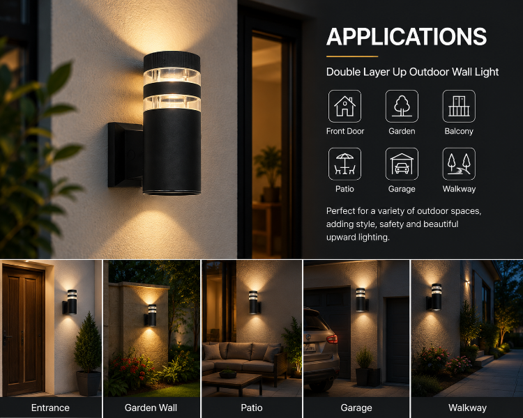 Picture of Modern Double Layer Upward Facing Outdoor Wall Light for Garden, Porch, Patio, Balcony, Garage and  Front Door 