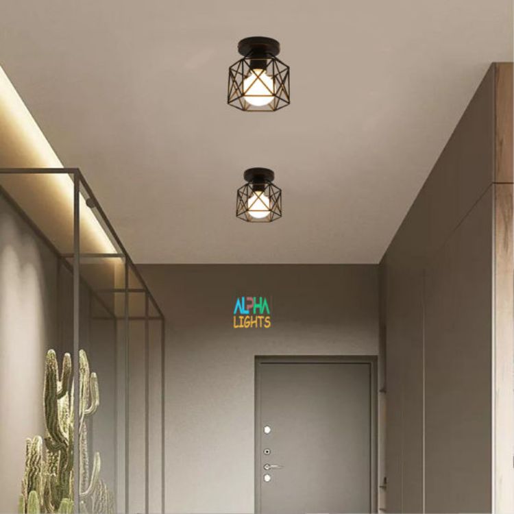 Picture of Vintage Black Semi-Flush Ceiling Light E27 Industrial Metal Ceiling Lamp for Hallway, Kitchen, Bedroom & Living Room