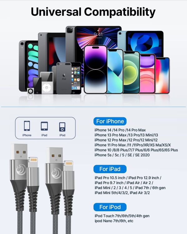 Picture of 2Pack 2M iPhone Charger Cable, MFi Certified Lightning Cable Fast Charging Braided iPhone Charger Fast Charge USB Charging Lead for Phone 14 13 12 11 Pro Max XS XR X 8 7 6 Plus 5 SE, iPad and iPod