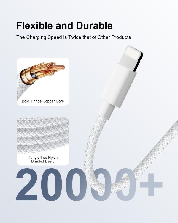 Picture of VEN-DENS USB C To Lightning Cable MFi Certified [1M] for iPhone 14 13 12 11 XS XR X Pro Max Mini 8 7 6S 6 Plus 5S SE iPad iPod AirPods 3FT Carplay Fast Charger Nylon Braided Cable (WHITE)