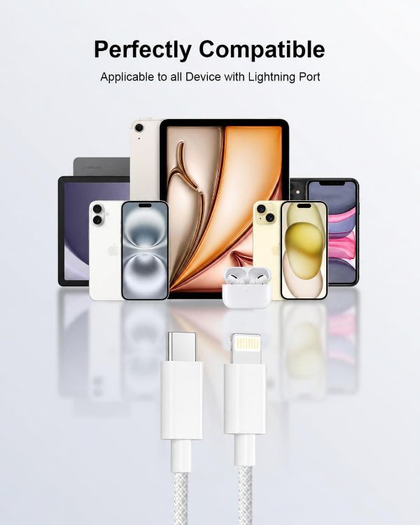 Picture of VEN-DENS USB C To Lightning Cable MFi Certified [1M] for iPhone 14 13 12 11 XS XR X Pro Max Mini 8 7 6S 6 Plus 5S SE iPad iPod AirPods 3FT Carplay Fast Charger Nylon Braided Cable (WHITE)