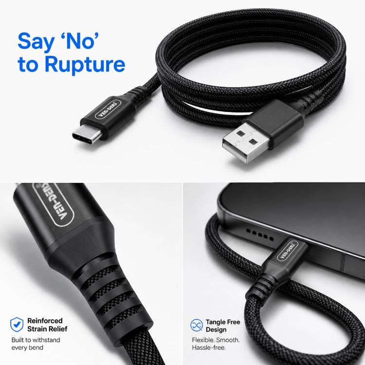Picture of 3A Charger Cable For Moto G54/G53/G84/G23/G14/G34/G22/G60s/G60/G50/G50 5G/E20/G10/G20/G30/G10 Power Charging Cable [1.5 M] High Speed Charging Charger Cable Fast Charge Nylon Braided Cable (BLACK)