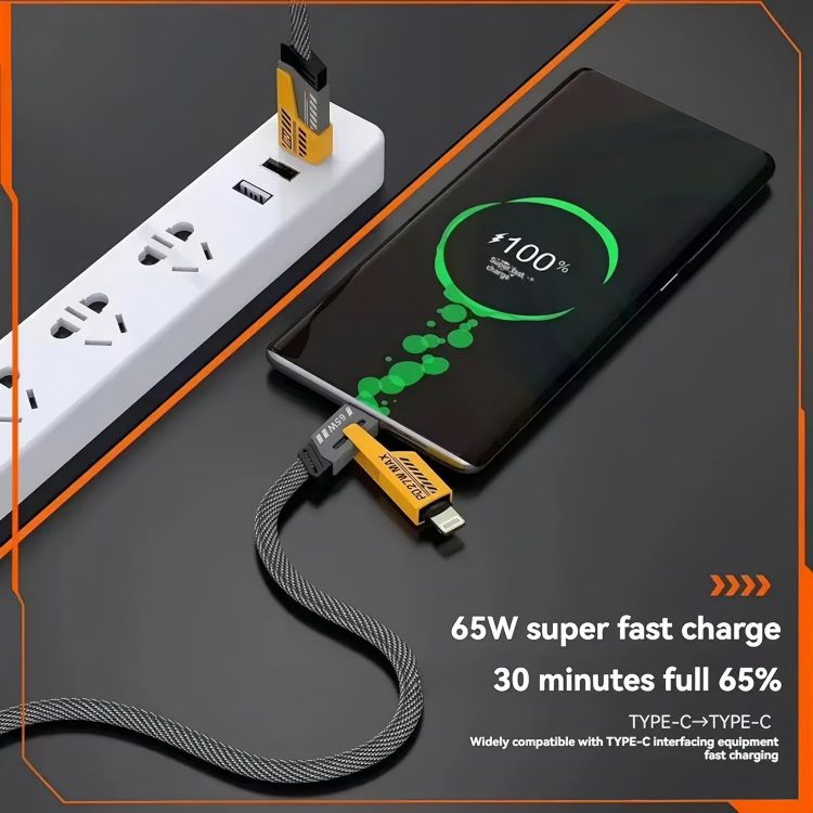 Picture of VEN-DENS 4 in 1 Multi Charger Cable | 65W Fast Charging Multi-Port Cable | USB A/C to Lightning & USB C | 120CM Nylon Braided Compatible with iPhone 16/15/14/13/12 Pro Max, MacBook Samsung Galaxy