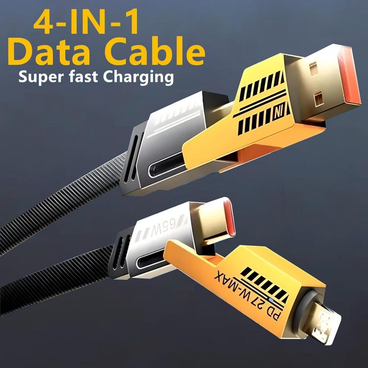 Picture of VEN-DENS 4 in 1 Multi Charger Cable | 65W Fast Charging Multi-Port Cable | USB A/C to Lightning & USB C | 120CM Nylon Braided Compatible with iPhone 16/15/14/13/12 Pro Max, MacBook Samsung Galaxy
