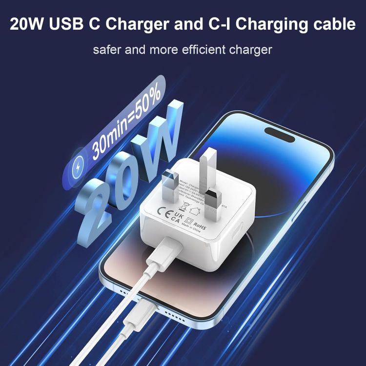 Picture of iPhone Charger Fast Charge PD Fast Charging for Apple Charger UK USB C Plug With 2M&3M iPhone Fast Charger Cable [ MFi Certified] Lightning Cable for iPhone 14 13 12 11 Pro Max, iPad (White, 2Packs)