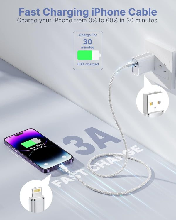 Picture of Aioneus iPhone Charger Cable 2M, iPhone Charging Cable MFi Certified Lightning Cable Fast Charging iphone Cable Lead Nylon Lightning to USB Cable for iPhone 14 13 12 11 Pro Max XS XR X 8 7 6 Plus 5 SE