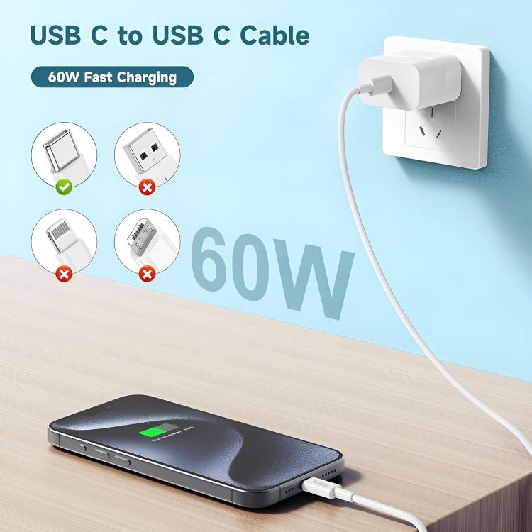 Picture of Charger Cable For Google Pixel 10A/10/10 Pro/10 Pro XL/9A 9 9 Pro XL 9 Pro Fold/8A 8 8 Pro/Pixel 7A 6A/ Pixel 6 6 Pro/Pixel 7 7 Pro, (1M) (60W) Fast Charge USB C To Type C Charging Cable (WHITE)
