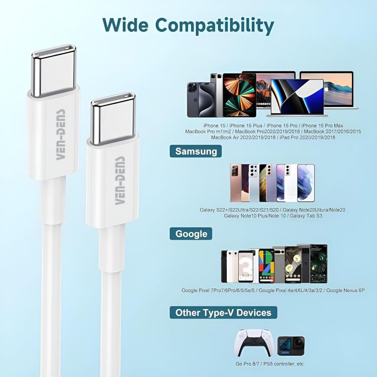 Picture of Charger Cable For Google Pixel 10A/10/10 Pro/10 Pro XL/9A 9 9 Pro XL 9 Pro Fold/8A 8 8 Pro/Pixel 7A 6A/ Pixel 6 6 Pro/Pixel 7 7 Pro, (1M) (60W) Fast Charge USB C To Type C Charging Cable (WHITE)