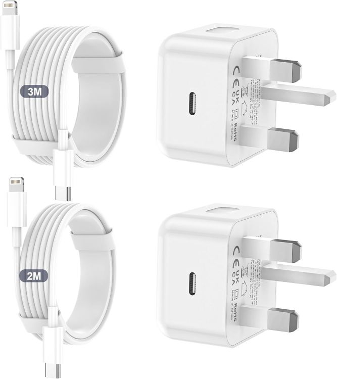Picture of iPhone Charger Fast Charge PD Fast Charging for Apple Charger UK USB C Plug With 2M&3M iPhone Fast Charger Cable [ MFi Certified] Lightning Cable for iPhone 14 13 12 11 Pro Max, iPad (White, 2Packs)