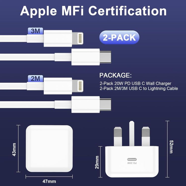 Picture of iPhone Charger Fast Charge PD Fast Charging for Apple Charger UK USB C Plug With 2M&3M iPhone Fast Charger Cable [ MFi Certified] Lightning Cable for iPhone 14 13 12 11 Pro Max, iPad (White, 2Packs)