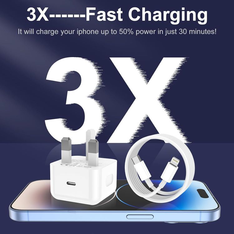 Picture of iPhone Charger Fast Charge PD Fast Charging for Apple Charger UK USB C Plug With 2M&3M iPhone Fast Charger Cable [ MFi Certified] Lightning Cable for iPhone 14 13 12 11 Pro Max, iPad (White, 2Packs)