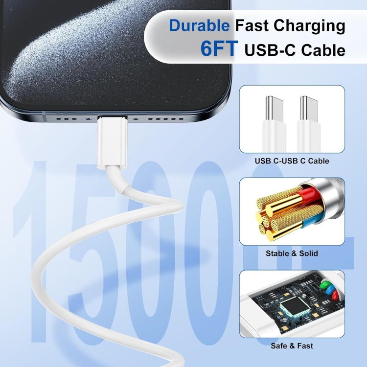 Picture of iPhone 17 16 Fast Charger, 2M Fast Charging Cable,iPad Fast Charger, USB C Charger Plug For iPhone 16/15 Pro/15 Plus/Pro Max (White, 1P-2M)