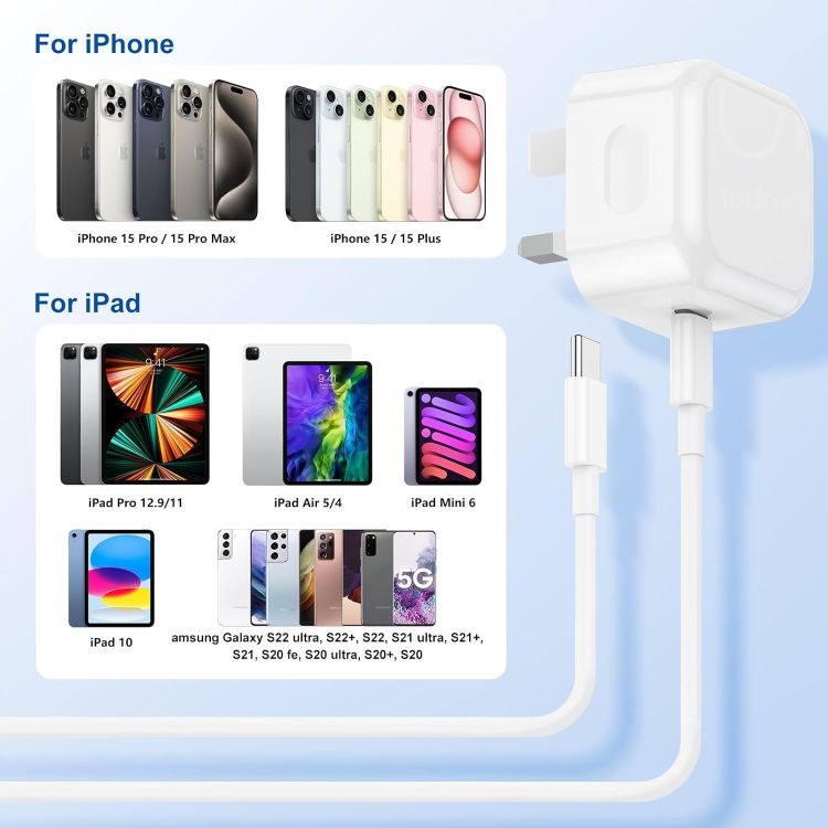 Picture of iPhone 17 16 Fast Charger, 2M Fast Charging Cable,iPad Fast Charger, USB C Charger Plug For iPhone 16/15 Pro/15 Plus/Pro Max (White, 1P-2M)